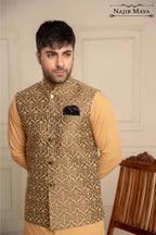 Brownish Golden Embroidered Waist Coat For Men's