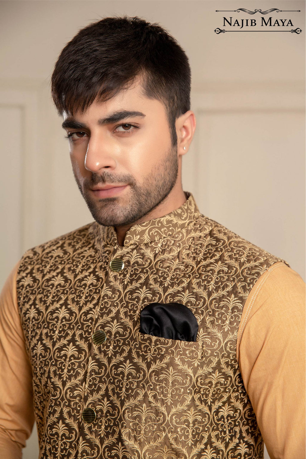 Brownish Golden Embroidered Waist Coat For Men's
