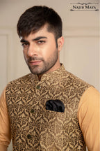 Brownish Golden Embroidered Waist Coat For Men's