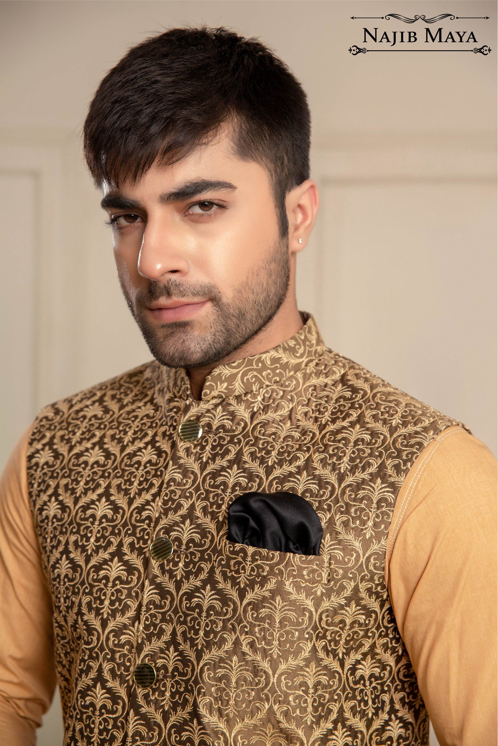 Brownish Golden Embroidered Waist Coat For Men's