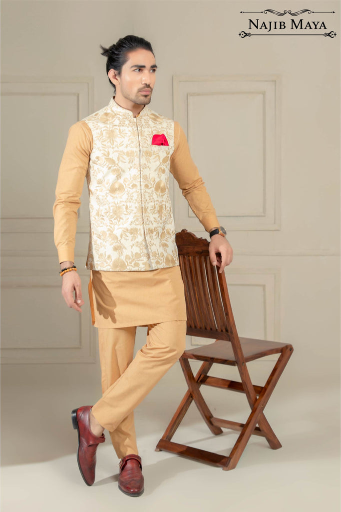 White With Golden Embroidered Waist Coat For Men's