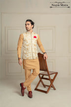 White With Golden Embroidered Waist Coat For Men's
