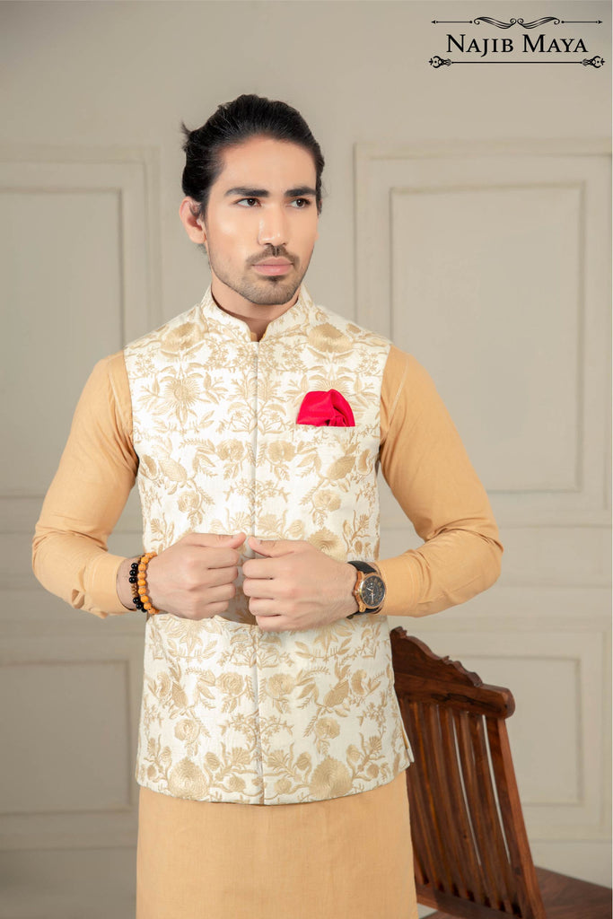 White With Golden Embroidered Waist Coat For Men's