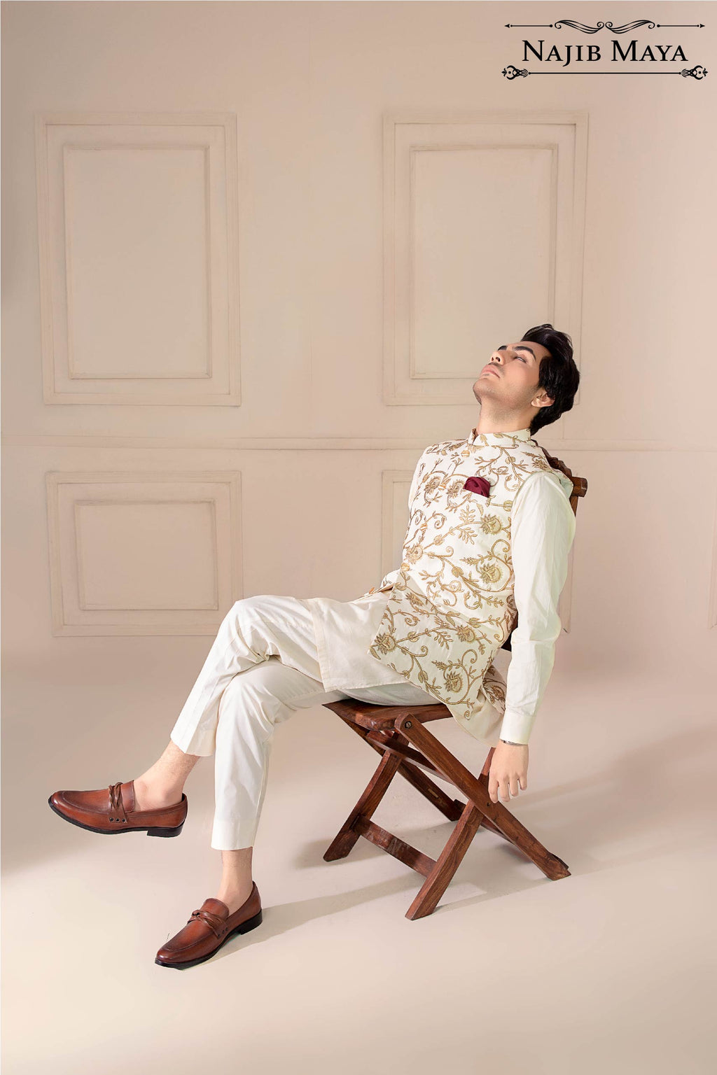 Cream Golden Embroidered Waist Coat For Men's