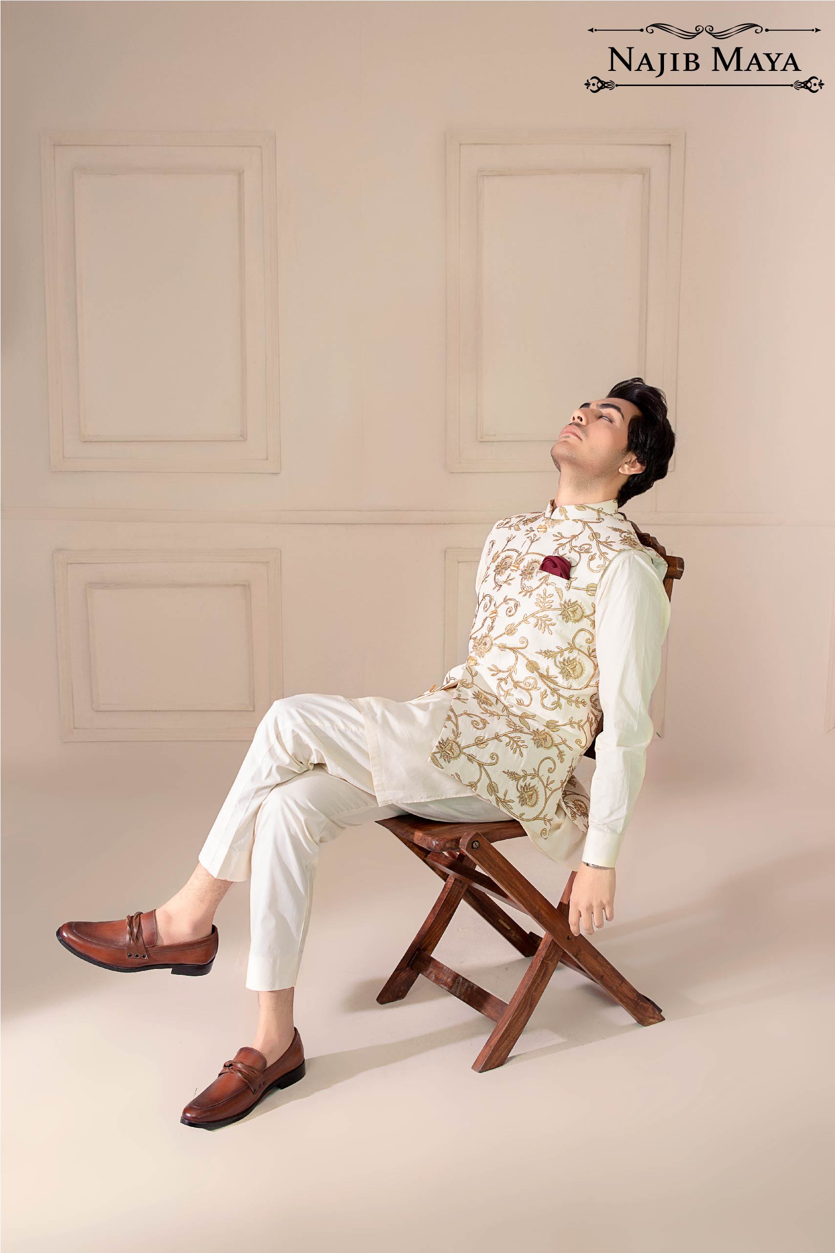 Cream Golden Embroidered Waist Coat For Men's