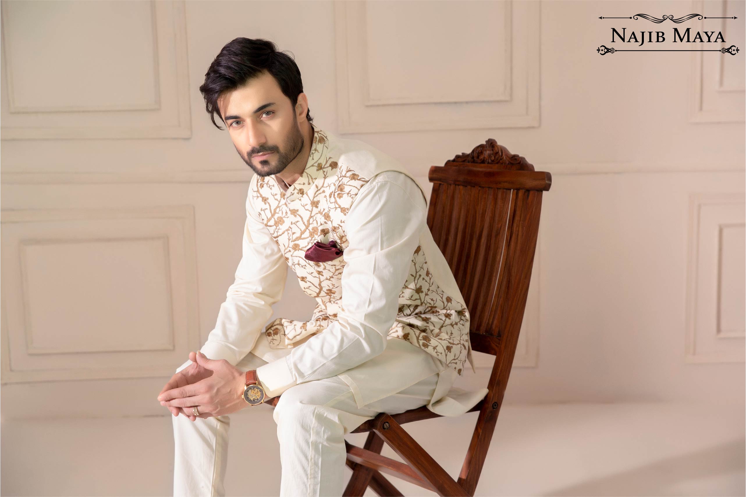Cream With Golden Embroidery Waist Coat For Men's
