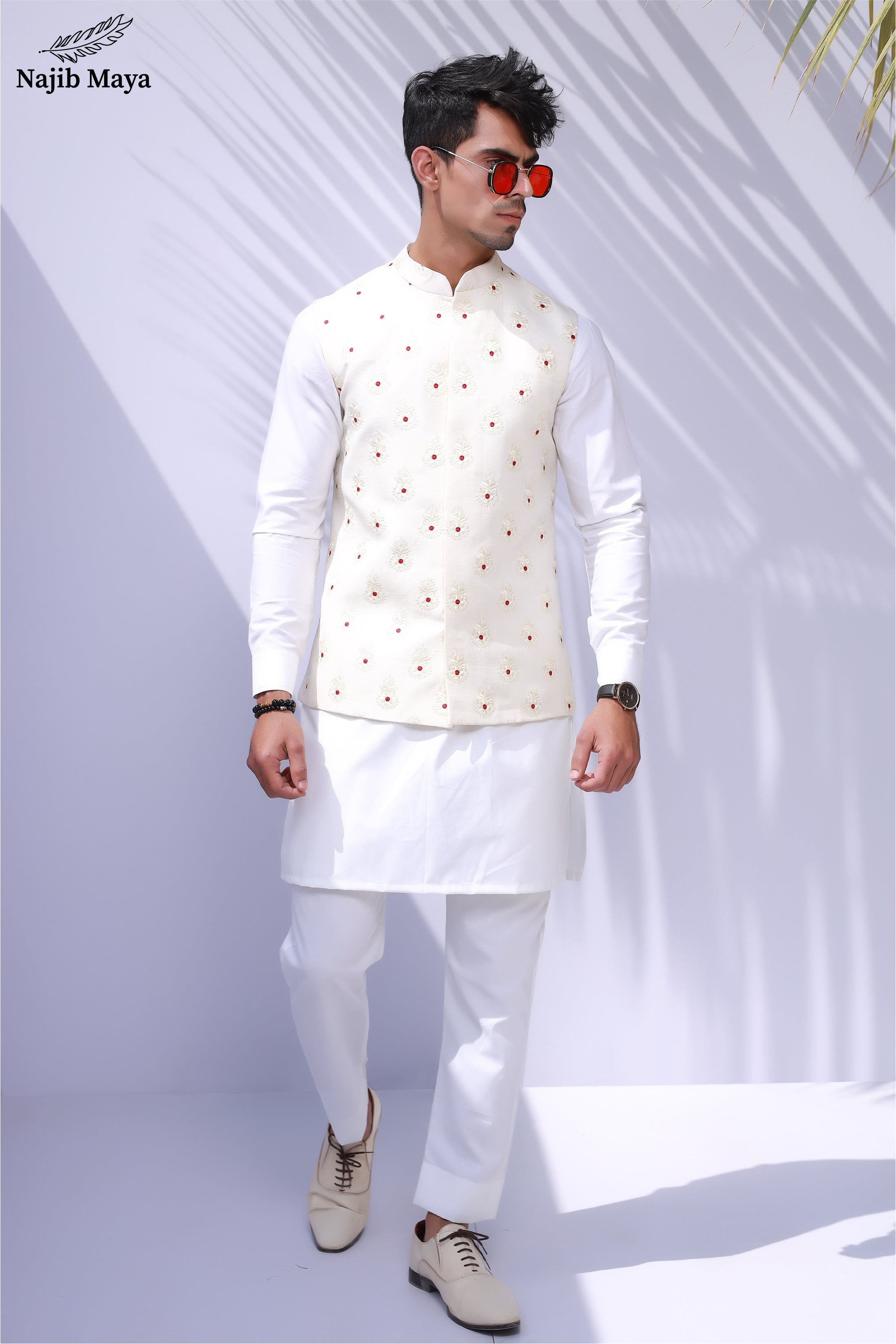 White Doted Embroidered Waist Coat For Men's Main image