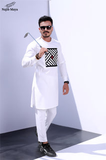 White Front Embroidery Kurta Pajama For Men's