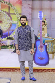 Navy Blue Embroidery Waist Coat For Men's