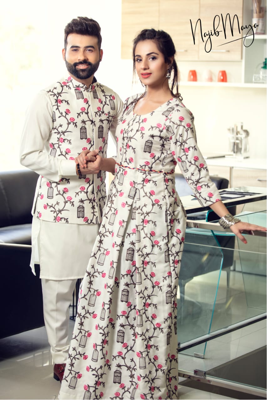 White Embroidery Kurta Pajama For Couples