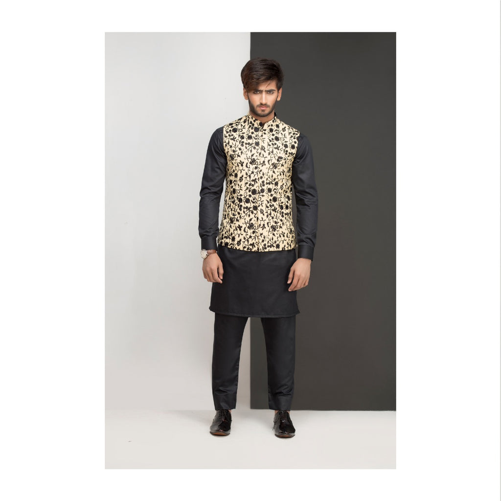 Beige With Black Embroidery Waist Coat For Men's