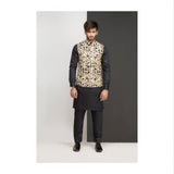 Beige With Black Embroidery Waist Coat For Men's