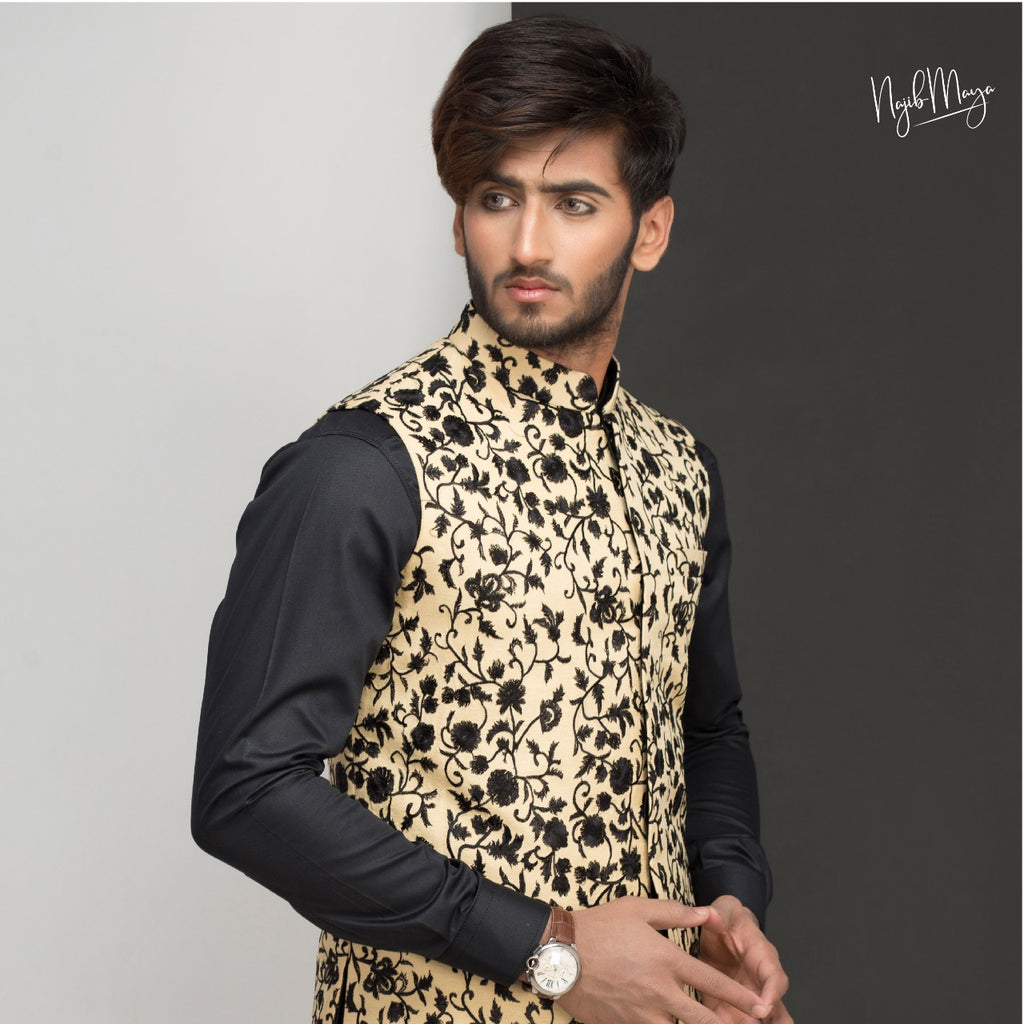 Beige With Black Embroidery Waist Coat For Men's