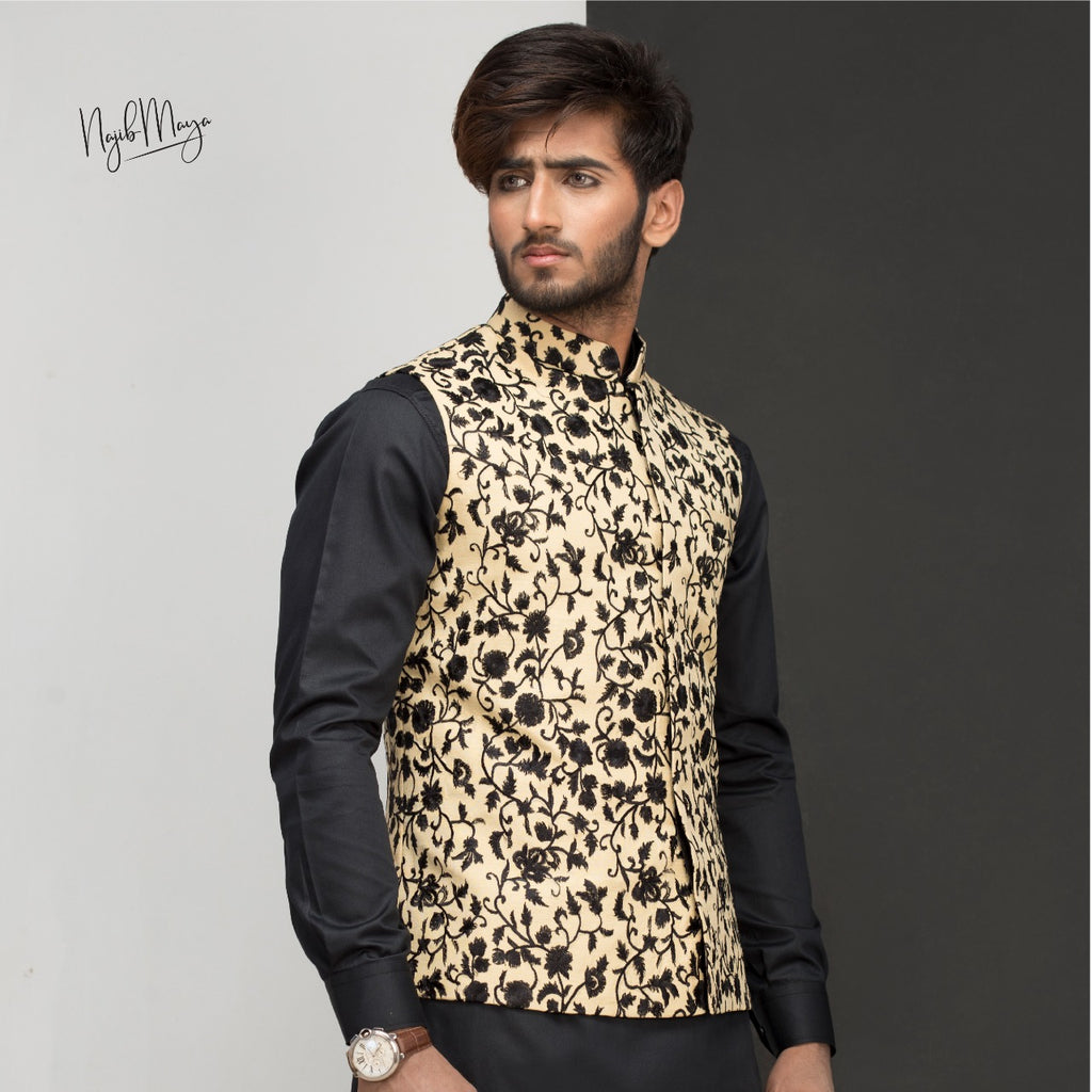 Beige With Black Embroidery Waist Coat For Men's