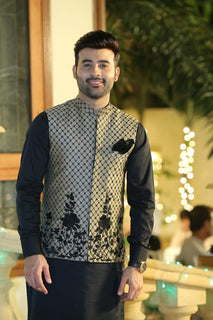 Beige Embroidered Waist Coat For Men's