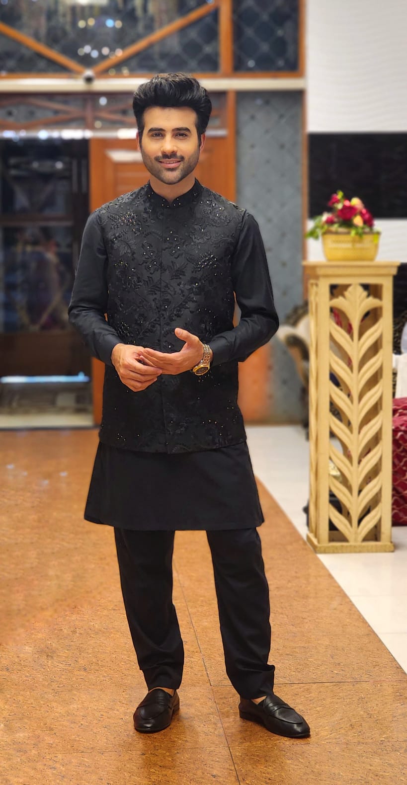 Black Stylish Embroidery Waist Coat For Men's Main image