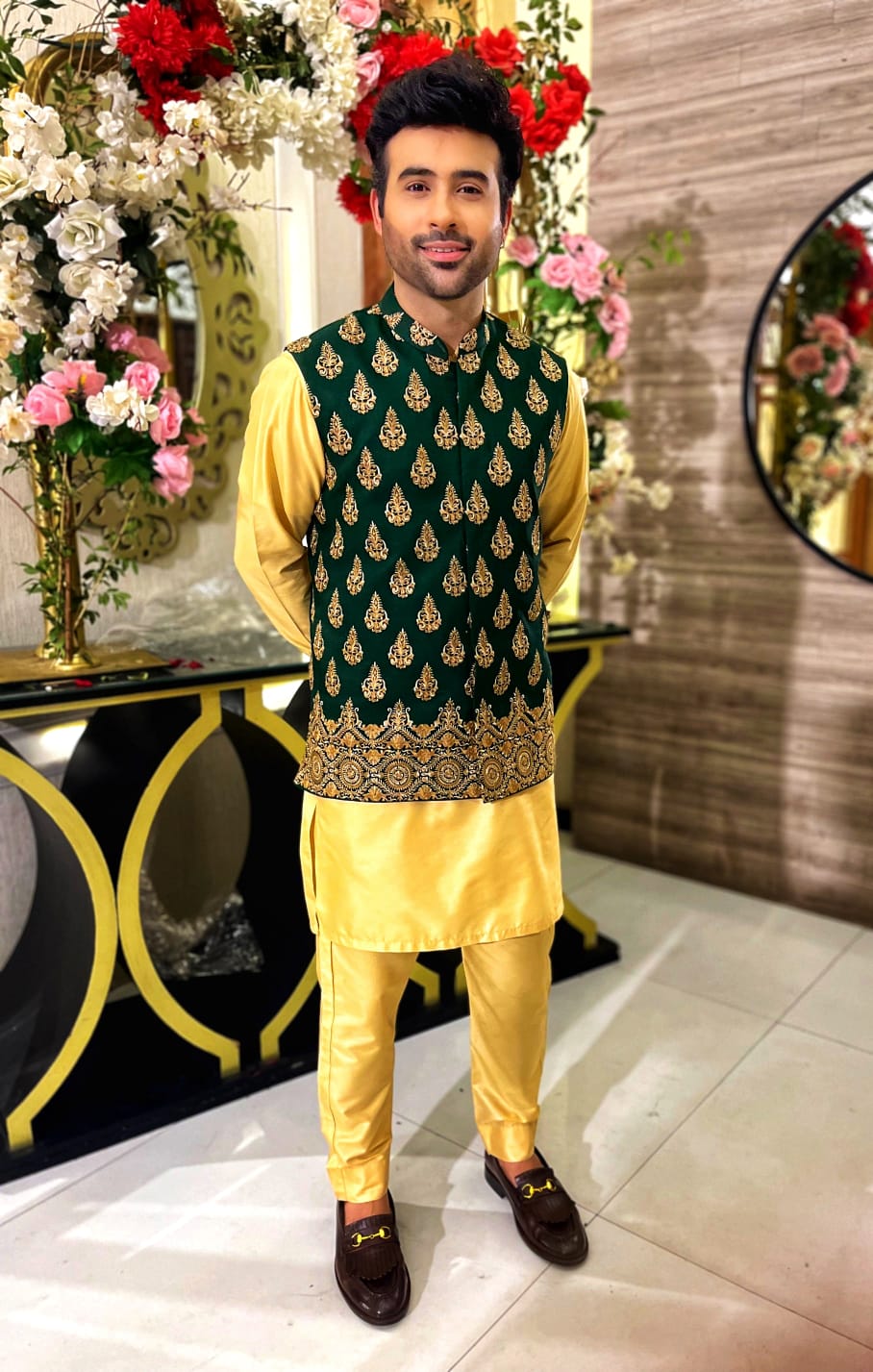 Green With Golden Embroidery Waist Coat For Men's Main image