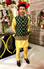 Green With Golden Embroidery Waist Coat For Men's