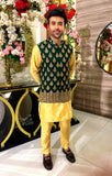 Green With Golden Embroidery Waist Coat For Men's