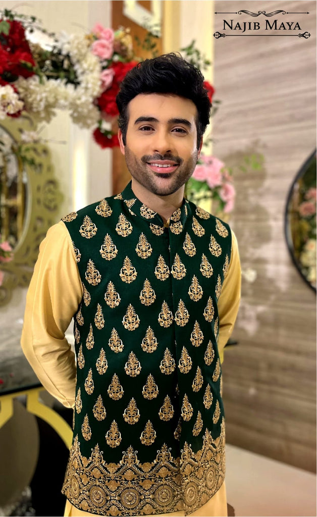 Green With Golden Embroidery Waist Coat For Men's